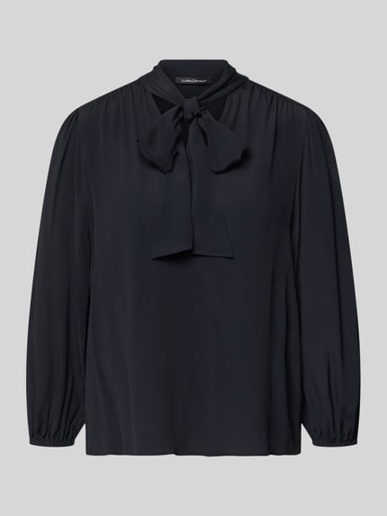 Produktfoto, Relaxed Fit Bluse mit Seiden-Anteil von Luisa Cerano, Mieszanka acetatu z jedwabiem, ozdobna kokarda, elastyczne zakończenia rękawów, rękaw o dł. 3/4, długość tyłu w rozmiarze 36: 62 cm, długość rękawów: 50 cm, gładki czarny materiał