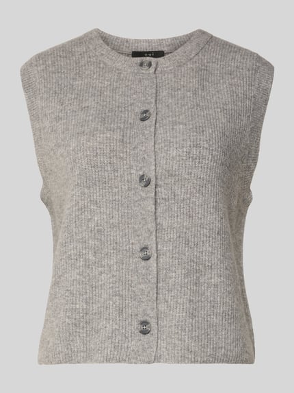Produktfoto, Strickweste mit Rundhalsausschnitt und Knopfleiste von Oui, szary melanż, regular fit, materiał z domieszką wełny, długość 49 cm