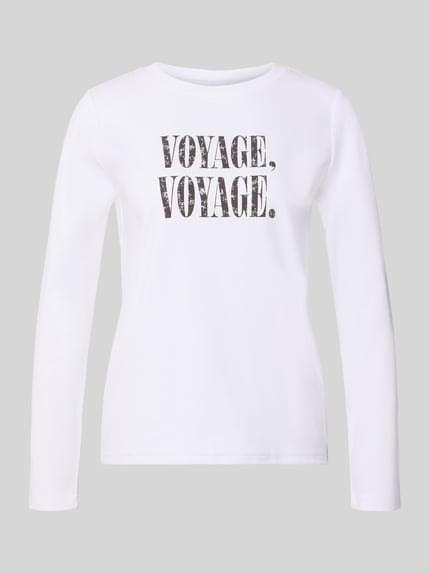 Produktfoto, weißer Longsleeve mit Statement-Print „VOYAGE, VOYAGE.“ von COMMA aus Baumwoll-Elasthan-Mix, gerader Schnitt, Rundhalsausschnitt