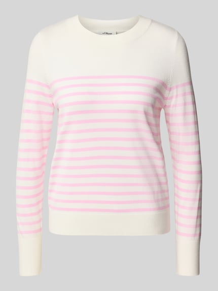 Produktfoto, Pullover mit gerippten Abschlüssen von S.OLIVER CASUAL in Feinstrick mit weiß-rosa Streifen, Rundhalsausschnitt, Longline Regular Fit