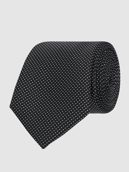 Produktfoto, Krawatte aus reiner Seide von Willen, schwarze Grundfarbe mit feinem weißen Punktmuster, klassische Passform, 150 cm Breite.