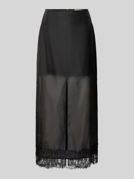 Produktfoto, Maxirock mit Spitze Modell 'DENA' von Topshop, A-Linie, schwarze transparente Stoffstruktur, rückseitiger Reißverschluss, Bundweite 34 cm, Gesamtlänge 97 cm.