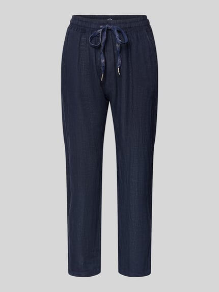 Produktfoto, dunkelblaue Leinenhose mit elastischem Bund und Tunnelzug, Regular Fit, Modell 'Pa44uline' von ZABAIONE, glatte Textur