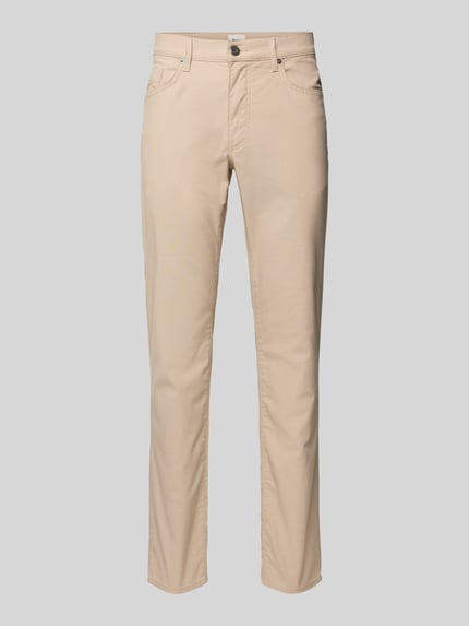 Produktfoto, Slim Fit Stoffhose mit 5-Pocket-Design Modell 'Cadiz' von Brax aus beigem Baumwoll-Mix mit Stretch-Anteil und Knopf- sowie Reißverschluss, Bundweite 42 cm, Innenbeinlänge 82 cm in Größe 32/32