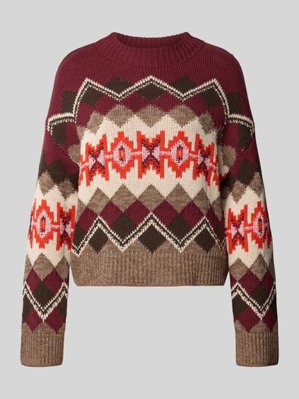 Produktfoto, Strickpullover im Allover-Look mit Rundhalsausschnitt von Oui aus Baumwoll-Mix, Relaxed Fit, gemustert in Braun, Rot, Beige