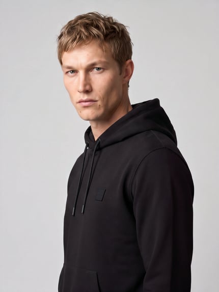 Männermodel trägt Hoodie mit Logo-Patch Modell 'Wetalk' von BOSS Orange, unifarben, Struktur, Regular Fit, Nahaufnahme Oberkörper.