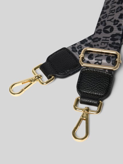 Produktfoto, Trageriemen mit Allover-Animal-Print von Hey Marly in Schwarz und Grau mit goldfarbenen Karabinerhaken, Logo-Detail, strukturierte Textur, verstellbares Design