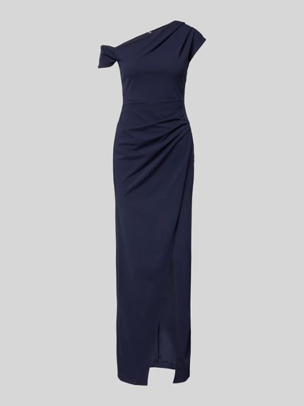 Produktfoto, Abendkleid in Maxikleid mit Gehschlitz von Lipsy in Dunkelblau, Elastischer-Material-Mix, Taillierte Passform, Raffungen, Off-Shoulder-Design
