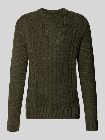 Produktfoto, Regular Fit Strickpullover aus Baumwoll-Mix Modell 'JAMES' von Marc O’Polo, w zielonym kolorze, wzór warkoczowy, długość tyłu w rozm. M: 68 cm, długość rękawa w rozm. M: 69 cm