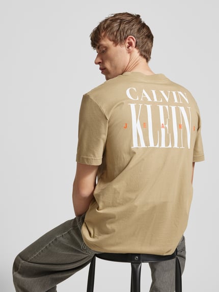 Calvin Klein Jeans T-shirt met geribde ronde hals Beige - 3