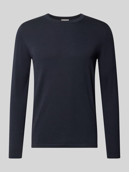 Produktfoto, dunkelblauer Slim Fit Pullover in Strick-Optik Modell 'Mino' von Drykorn aus reiner Baumwolle mit Rundhalsausschnitt.