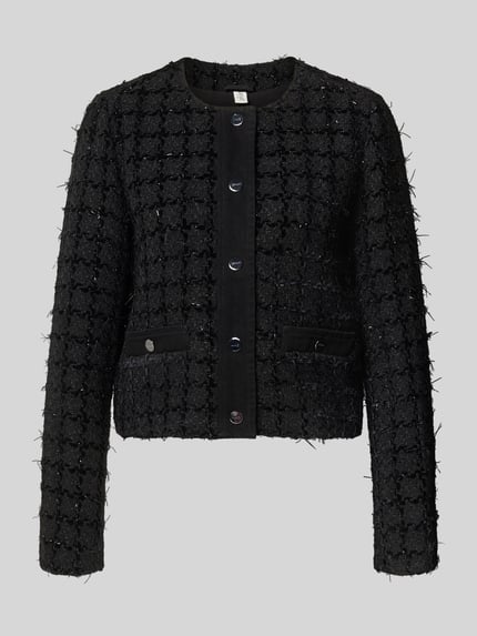 Produktfoto, Regular Fit Blazer mit Woll-Anteil Modell 'GIACCA KATE' von Liu Jo White, Schwarz mit Strukturmuster, Knopfleiste, Rundhalsausschnitt, Material-Mix