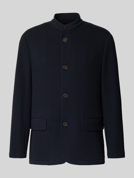 Produktfoto, Slim Fit Sakko mit Stehkragen und Pattentaschen von Emporio Armani in Schwarz, Material-Mix mit Viskose-Anteil, Knopfleiste, strukturierte Oberfläche