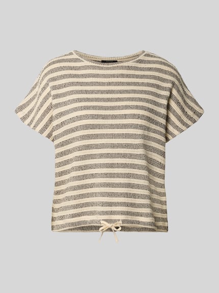 Produktfoto, T-Shirt mit Strukturmuster Modell 'Sedopa' von OPUS aus Baumwoll-Mix, Regular-Fit, mit Rundhalsausschnitt und Kordelzug-Saum, beige-grau gestreift, Rückenlänge bei Größe 36: 47 cm.