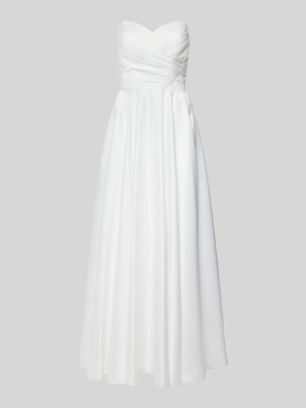 Produktfoto, Brautkleid mit Hartvormige hals van Mascara, satijn, getailleerd, plooien, mouwloos design, maxilengte, naadritssluiting, bloemenkant met sierparels, ruglengte maat 36: 129 cm, borstwijdte maat 36: 41 cm