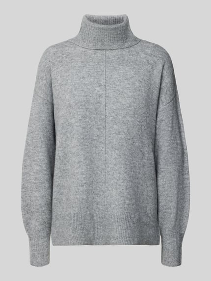Produktfoto, Rollkragenpullover mit Teilungsnaht-Detail von PIECES in grauer Melange-Strickoptik, Strukturmuster, Relaxed Fit, Longline-Länge, Rippstrick an Ärmeln und Saum