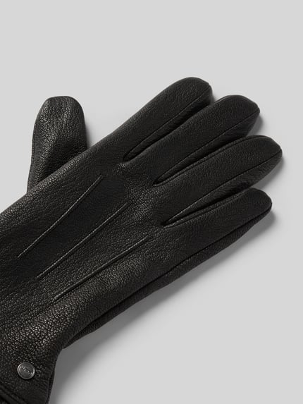 Produktfoto, Handschuhe aus echtem Leder von EEM in Schwarz mit Ziernähten, eingefasste Abschlüsse, unifarbenes Design, strukturierte Oberfläche