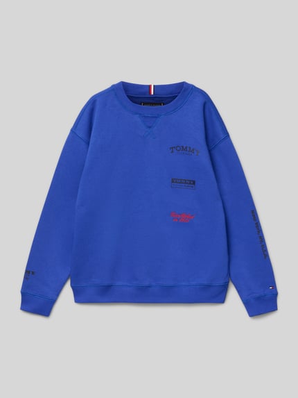 Produktfoto, Regular Fit Sweatshirt aus Baumwoll-Mix von Tommy Hilfiger Teens, niebieski, nadruk z logo, crew neck, długie rękawy, prążkowane wykończenia