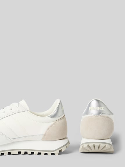 Produktfoto, Sneaker mit Schnürverschluss Modell 'MILLEN' von Blauer USA, Leder-Mix, abgerundete Spitze, strukturierte Sohle, Label-Detail, weiße und beige Töne