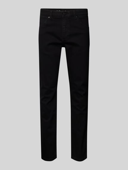 Produktfoto, zwarte Straight Fit Jeans im 5-Pocket-Design Modell 'Greensboro' van Wrangler, katoenmengsel met stretch, rechte snit, context herenjeans