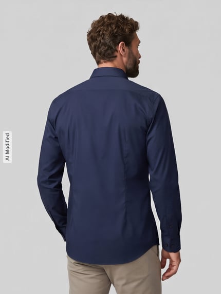 Männermodel trägt dunkelblaues Slim Fit Businesshemd mit Kentkragen von Jake*s, glatte Textur, Ganzkörperansicht Rückansicht, KI-modifiziertes Bild.