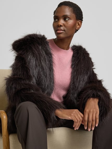 Selected Regular fit lange jas van imitatiebont met haakjessluiting, model 'BREA' Donkerbruin - 3