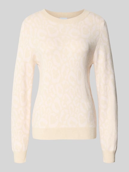 Produktfoto, Slim Fit Pullover aus Viskose-Mix Modell 'JACQUARD' von Vila, krój slim fit, beżowy, dzianina, animalny wzór, okrągły dekolt, elastyczne wykończenia, długość tyłu w rozmiarze S: 59 cm, długość rękawa w rozmiarze S: 51 cm
