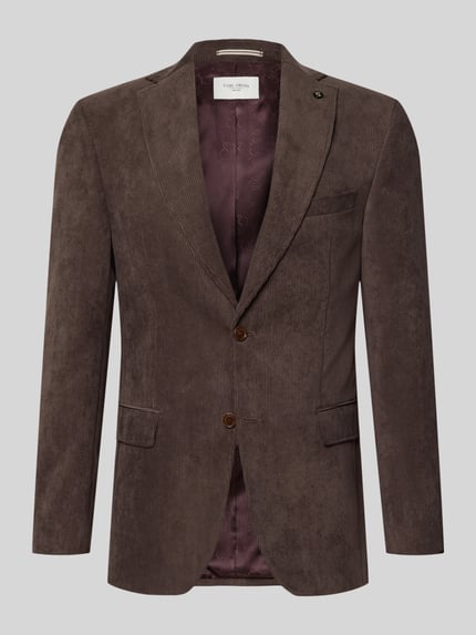 Produktfoto, Sakko mit Pattentaschen und Reverskragen Modell 'Theo' von Carl Gross aus braunem Cord, Knopfverschluss, Regular Fit, feine Cordstruktur, Brustleistentasche, klassische Form, Rückenlänge 72 cm, Schulterbreite 40 cm, Ärmellänge 63 cm
