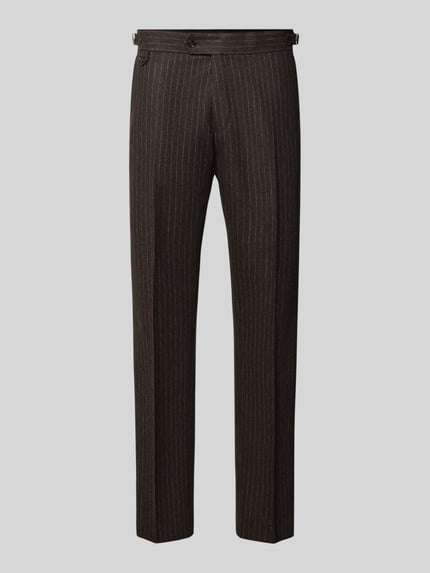 Produktfoto, Straight Fit Hose aus Woll-Mix Modell 'Tense' von Tiger of Sweden, braun mit hellen Nadelstreifen, glatte Struktur, Bügelfalten, Knopf- und Reißverschluss, Maße laut Kontext.
