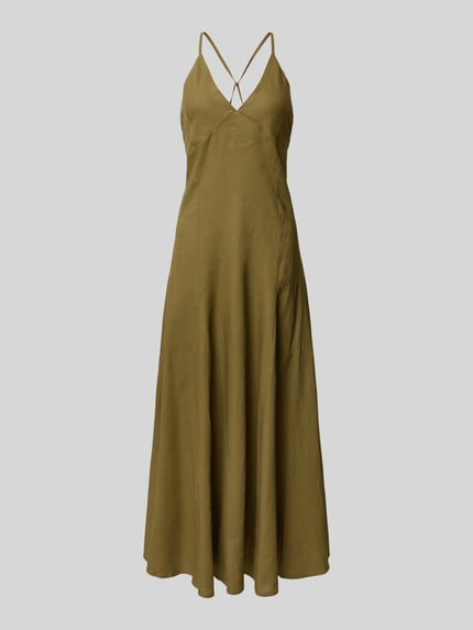 Produktfoto, Regular Fit Leinenkleid mit Viskose-Anteil von Rinascimento in Olivgrün, Maxilänge, Spaghetti-Träger, fließende Struktur
