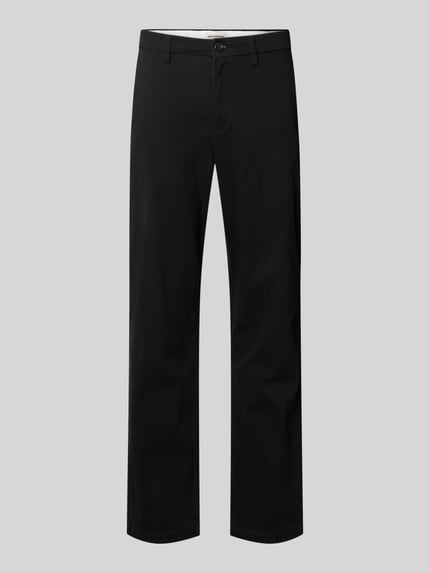 Produktfoto, Straight Fit broek uit katoenmix Model 'Kane' van JACK & JONES, zwart, met gulp en achterzak, context: heren broek, elastische katoenmix, straight fit, model 'Kane', steekzakken en achterzakken, knoop- en ritssluiting, bandwijdte maat 32/32: 41 cm, binnenbeenlengte maat 32/32: 77 cm