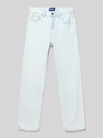 Produktfoto, Straight Fit Jeans aus reiner Baumwolle Modell 'JEDGE' von Only & Sons in heller Denim-Optik, 5-Pocket-Design, Label-Patch, Knopf-Reißverschluss, Bundabschluss mit Weitenregulierung, glatte Struktur