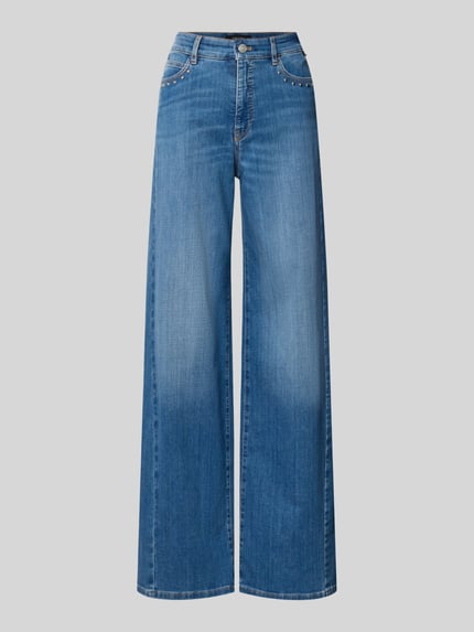 Produktfoto, High Waist Wide Fit Jeans mit Nieten van Marc Cain, dames jeans van mix van katoen en elastaan, wide fit, high waist, studs, steekzakken, bandwijdte maat 36: 39 cm, binnenbeenlengte maat 36: 82 cm
