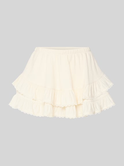 Produktfoto, Minirock aus Viskose-Mix mit Volantsaum Modell 'Frill' von Gina Tricot in A-Linie, heller Stoff, strukturierte Textur, elastischer Bund, Bundweite 35 cm, Gesamtlänge 33 cm, Damen