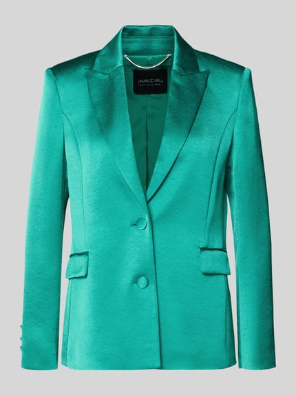 Produktfoto, Slim Fit Blazer mit Reverskragen und Pattentaschen von Marc Cain, satyna, krój slim fit, kołnierz z połami, kieszenie z patką, zapięcie na guzik, długość tyłu w rozmiarze 36: 65 cm, szerokość w rozmiarze 36: 45 cm, długość rękawów w rozmiarze 36: 61 cm, intensywny zielony kolor, gładka satynowa powierzchnia