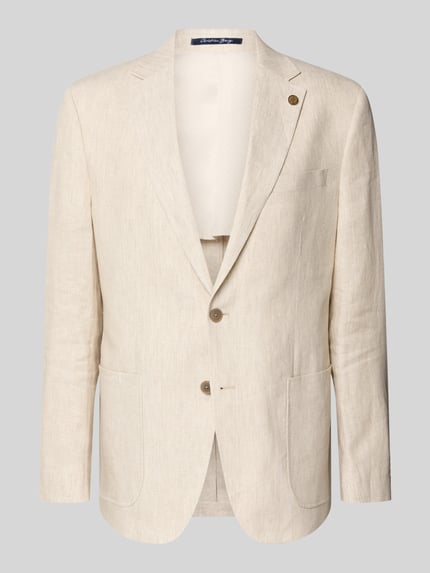 Produktfoto, Regular Fit Sakko aus reinen Leinen mit Reverskragen von Christian Berg Men in Beige, 2-Knopfleiste, Brusttasche, AufgesetzteTaschen, strukturierte Leinen-Oberfläche, Rückenlänge 75 cm, Schulterbreite 47 cm, Ärmellänge 63 cm.