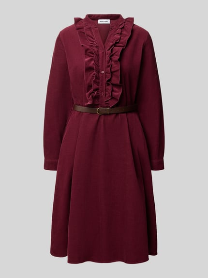 Produktfoto, Knielanges Cordkleid mit Serafino-Kragen und Rüschen von MORE & MORE in Bordeaux, taillierter Schnitt, Gürtel, gewachste Baumwolle