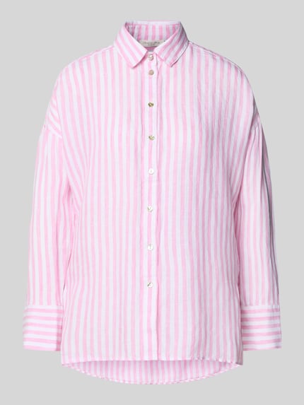 Produktfoto, Relaxed Fit Leinenbluse im Allover-Look von Christian Berg Woman, rosa-weiß gestreiftes Leinen, Hemdblusenkragen, reine Leinen, Relaxed-Fit, Rückenlänge 74 cm, Ärmellänge 47 cm, Damen