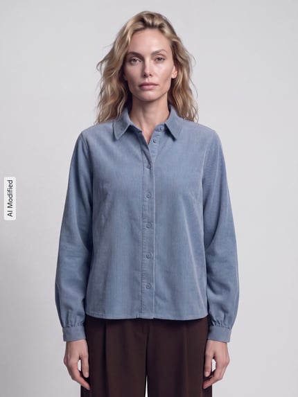 Vrouwenmodel draagt Regular Fit blouse met lange mouwen van puur katoen van Marc O'Polo DENIM in lichtblauw, kleurenmix, Ganzkörperansicht von vorne, KI-modifiziertes Bild