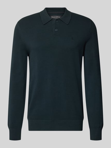Produktfoto, Pullover mit Polokragen von MARC O'POLO in Dunkelblau, feine Strickstruktur, Regular Fit, Longline, Logo-Stitching, matt
