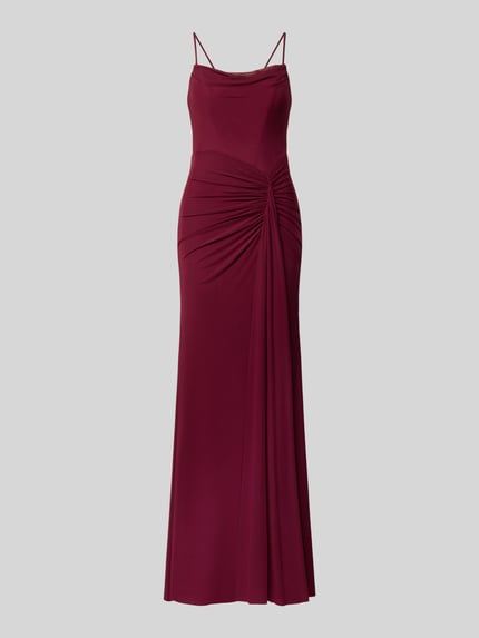Produktfoto, Slim Fit Abendkleid mit Raffungen von Mascara in Dunkelrot, mit blickdichtem Unterrock und Spaghettiträgern, glatte Oberfläche