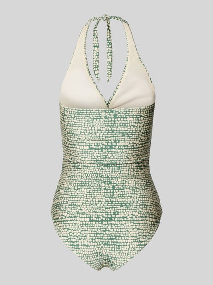 Produktfoto, kostium kąpielowy z mieszanki materiałów z dodatkiem streczu, krój shaping fit, dekolt w serek, wiązanie na szyi, wiązany detal, model 'Cascis' od Barts, wzór w zielono-białe plamki