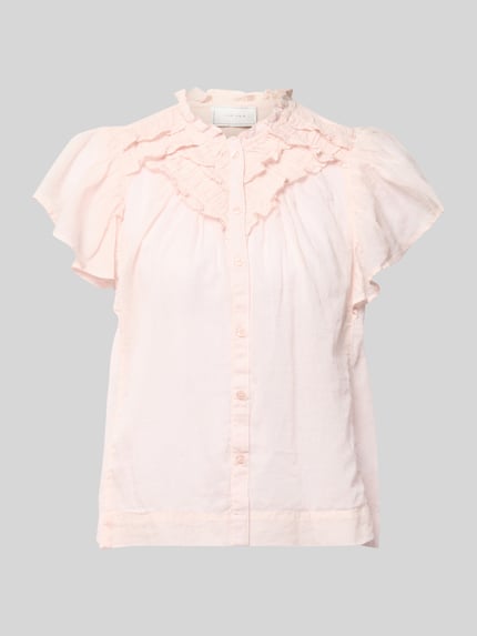 Produktfoto, Regular Fit Bluse mit Rüschenbesatz Modell 'Vinsa' von Neo Noir aus Reine Baumwolle, kurzärmelig, Stehkragen, Knopfleiste, zartes Rosa