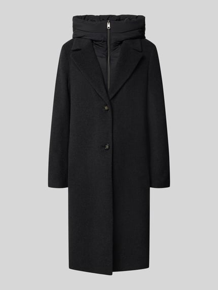Produktfoto, Mantel aus Schurwolle-Mix mit Kapuze von CINQUE in Schwarz, gerade Form, Reverskragen, Reißverschluss, glatte Textur