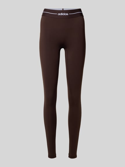 Produktfoto, Regular Fit Leggings mit Label Print von adidas Sportswear, brązowy, gładki, wysoki stan, elastyczny pas, struktura stretch