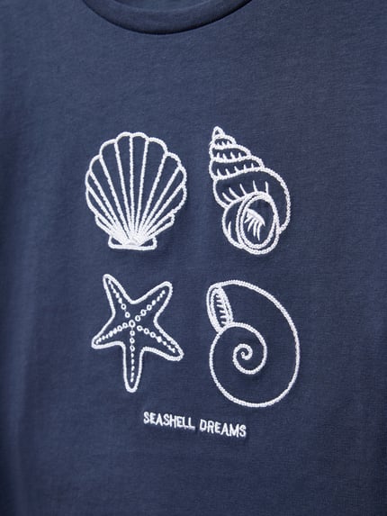 MANGO Boxy Fit T-Shirt mit Motiv-Stitchings Modell 'seashell' Marine 2