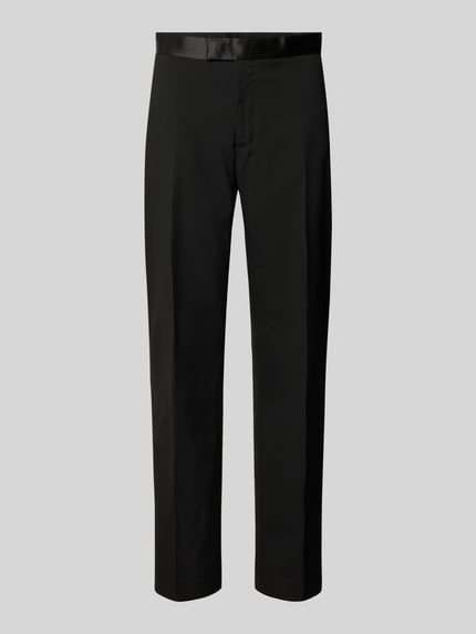 Produktfoto, Regular Fit stoffen broek met viscose van Christian Berg Men in zwart met persplooien, achterzakken, haakjes- en ritssluiting, elastische materiaalmix, bandwijdte 45 cm, binnenbeenlengte 80 cm.