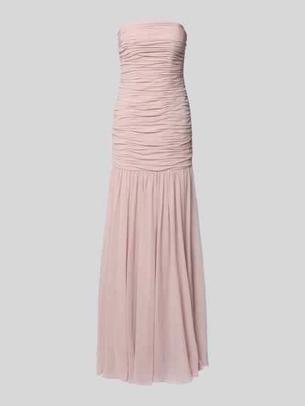 Produktfoto, Maxikleid im Off-Shoulder-Look mit Raffungen von Unique, rosa Chiffon, figurbetonter Schnitt, Rückenlänge 136 cm, Brustweite 37 cm