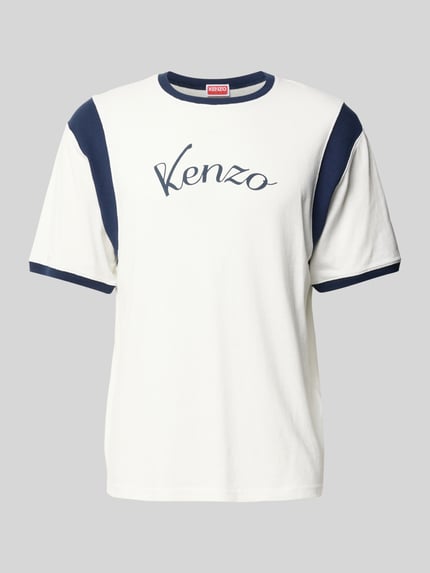 Produktfoto, Regular Fit T-Shirt aus Baumwolle von Kenzo, weiß mit dunkelblauen Kontrasteinsätzen und Label-Print, Rundhalsausschnitt.