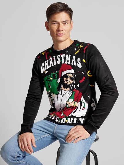 Lindbergh Weihnachtspullover mit Motiv-Stitching Black 3